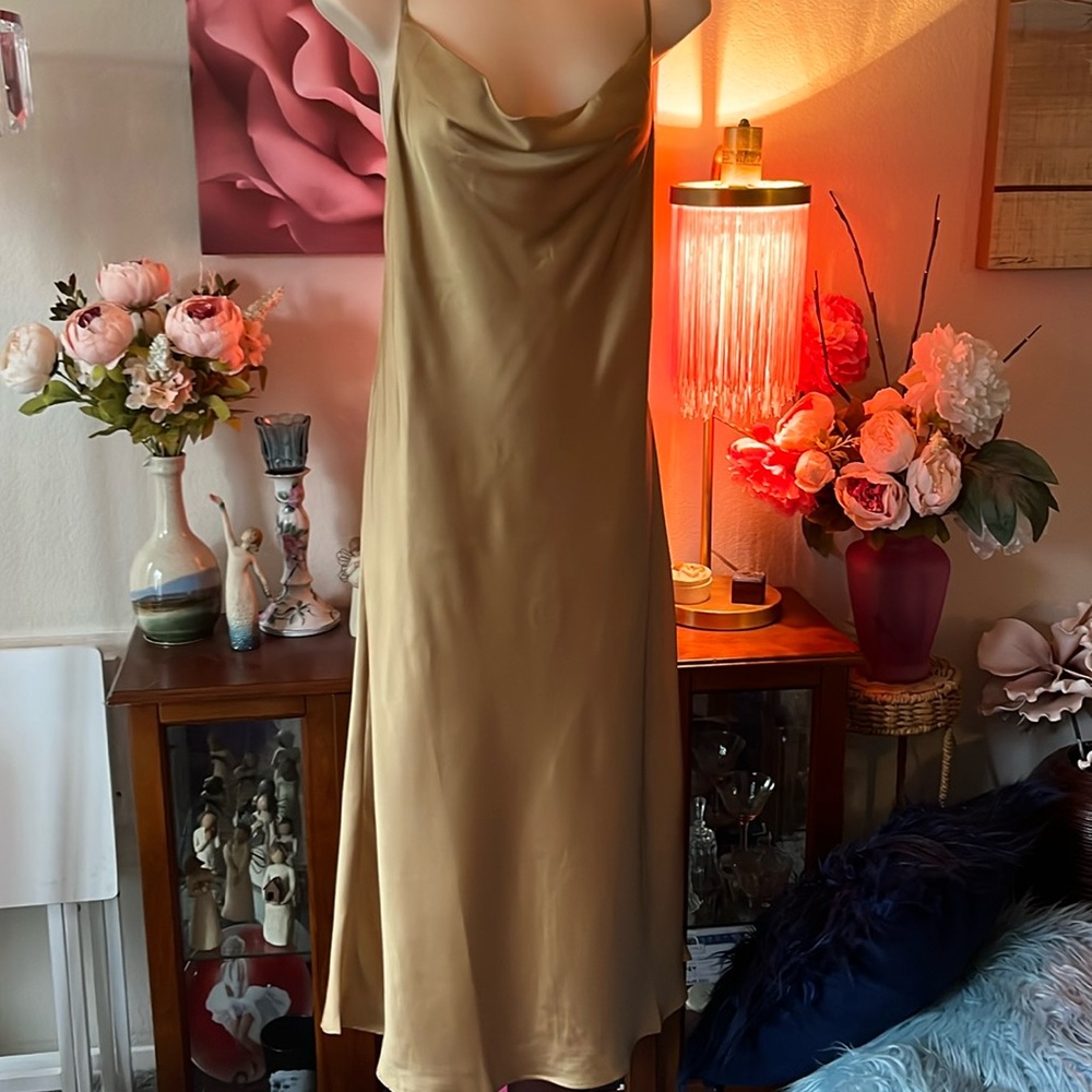 Show Me Your MuMu 3/4 length Gold Cowl Neck Cris Cross Back Dress💖Slip Dress